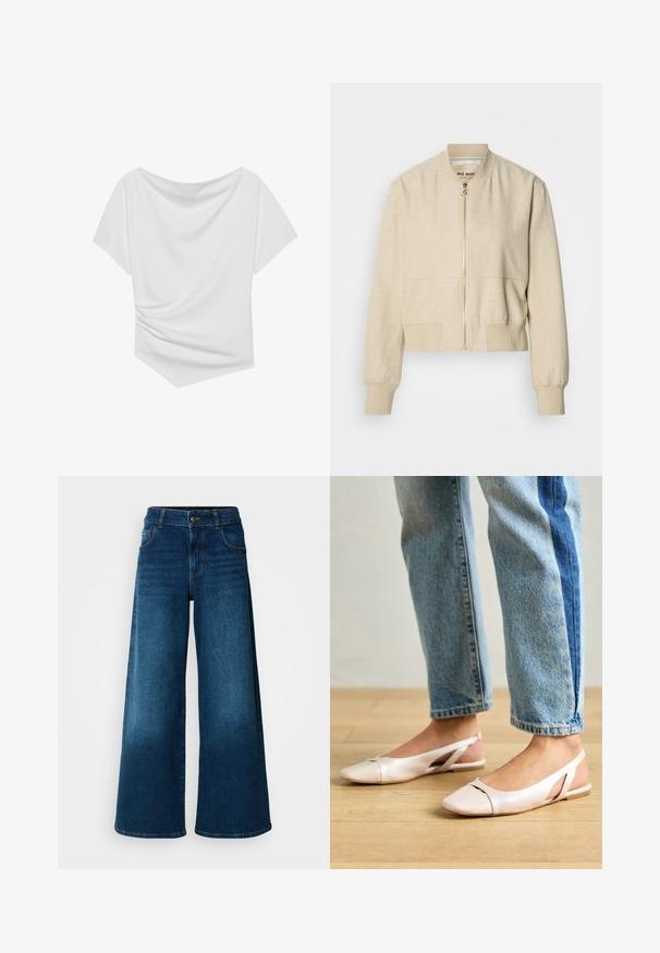 Beige cropped bomberjack gemaakt van lichtgewicht stof, met een ritssluiting aan de voorkant, geribbelde manchetten en een gladde textuur.; Wit top met korte mouwen en een off-the-shoulder ontwerp, voorzien van een gedrapeerde textuur en een geplooid detail aan één kant. Glad materiaal.; Wijde jeans van donkerblauwe denim. Heeft een hoge taille, knoopsluiting en klassiek vijf-vakken ontwerp met subtiele vervaging.; Zachtroze slingback ballerina's met een spitse neus, gemaakt van een glad leerachtig materiaal. Bevat uitsnijdingen aan de zijkanten en heeft een platte hak.