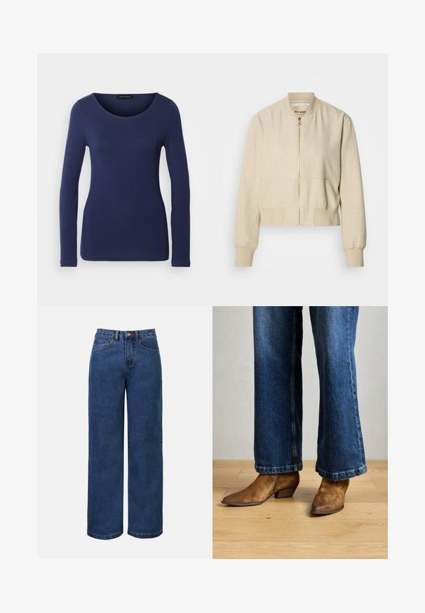 Cazadora bomber beige recortada hecha de tela ligera, con cremallera frontal, puños acanalados y textura suave.; Camiseta de manga larga en color navy, hecha de material suave, con un escote redondo y un diseño ajustado. Sin patrones ni acentos visibles.; Pantalones vaqueros de mezclilla azul oscura de pierna ancha con cintura elevada, con cierre de botón, trabillas para el cinturón y bolsillos delanteros y traseros. Textura suave.; Botas de ante marrón hasta el tobillo con punta afilada y un pequeño tacón, combinadas con unos jeans acampanados azul oscuro, sobre un suelo de madera.