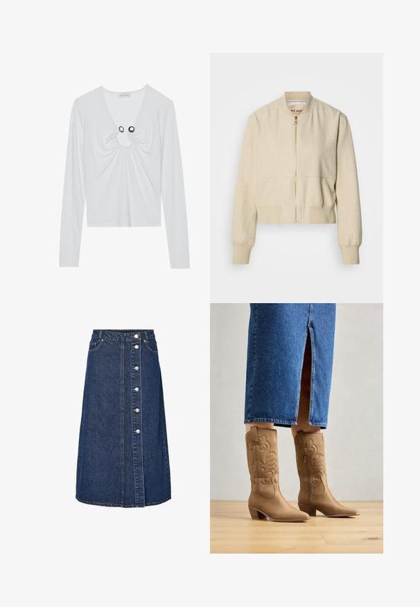 Veste bomber courte beige en tissu léger, avec fermeture éclair frontale, poignets côtelés et texture lisse.; Haut à manches longues blanc avec un décolleté en V profond, présentant un tissu froncé autour de l'encolure et deux accents circulaires noirs.; Jupe en denim à taille haute, fermeture par boutons à l'avant, et deux poches latérales. Couleur bleu foncé, coupe droite, avec détail de couture visible.; Bottes western en cuir marron avec des coutures décoratives, bout pointu et talon empilé. Portées avec une jupe en denim longue jusqu'au genou, mettant en valeur les bottes.