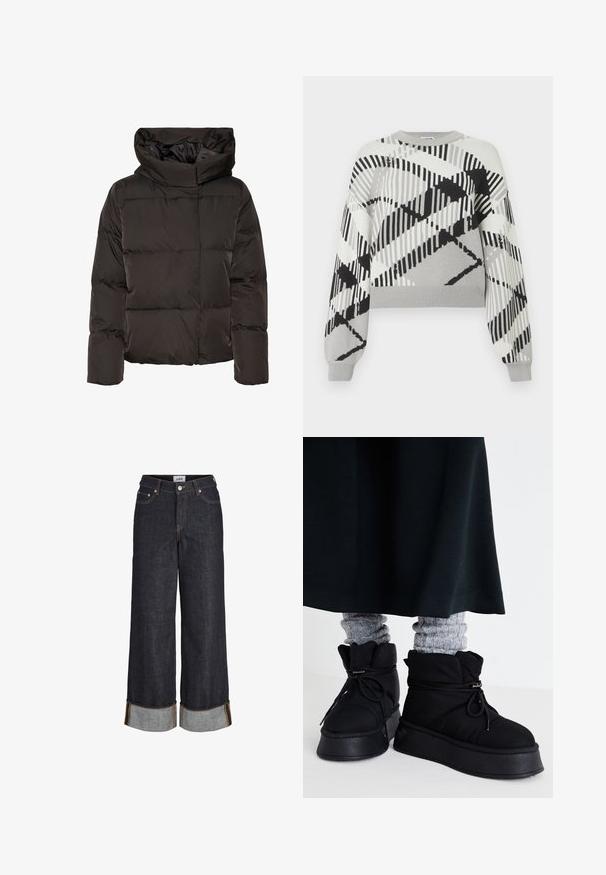 Sort dunjakke med høj krave, quiltet design og en firkantet facon. Fremstillet af glat, let materiale for varme.; Grå sweater med et geometrisk sort og hvidt mønster, lange ærmer, runde halsudskæring og ribbet manchetter og kant.; Mørkeblå jeans med brede ben og opbuk ved kanterne, fem lommer og kontrastfuld gul syning.; Sorte, puffede ankelstøvler med flade såler, snørebånd og fremtrædende stikninger. Bæret med grå ribbede sokker, der stikker frem, sammen med en mørk nederdel.