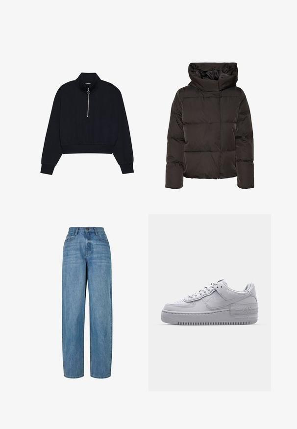 Sort dunjakke med høj krave, quiltet design og en firkantet facon. Fremstillet af glat, let materiale for varme.; Sort cropped pullover lavet af blødt stof, med en høj krave, en frontlynlås med en sølvfarvet træk, og ribbede manchetter og kant.; Lyseblå denimjeans med lige ben-design, der har en knaplukning, fem lommer og subtilt slid i stoffet.; Grå Nike Air Force 1 sneakers med perforeret tå, glat læderoverdel, tyk sål og præget 'AIR' detalje på hælen.