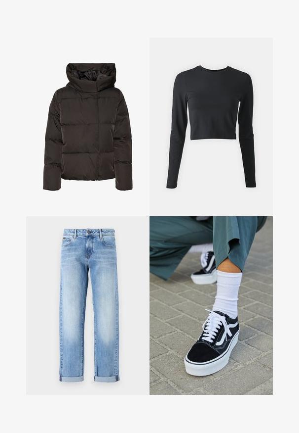 Sort dunjakke med høj krave, quiltet design og en firkantet facon. Fremstillet af glat, let materiale for varme.; Sort cropped langærmet skjorte lavet af blød, strækbar stof. Har en rund halsudskæring og tætsiddende ærmer, med en ensfarvet overflade og ingen mønstre.; Lyseblå denimjeans med opsmøgede ben, frontknap og lynlås, samt klassisk femlommesdesign på en hvid baggrund.; Sorte ruskinds sneakers med hvide accenter og snørebånd, der har en tyk hvid sål og kontrasterende syninger, parret med en hvid sok.