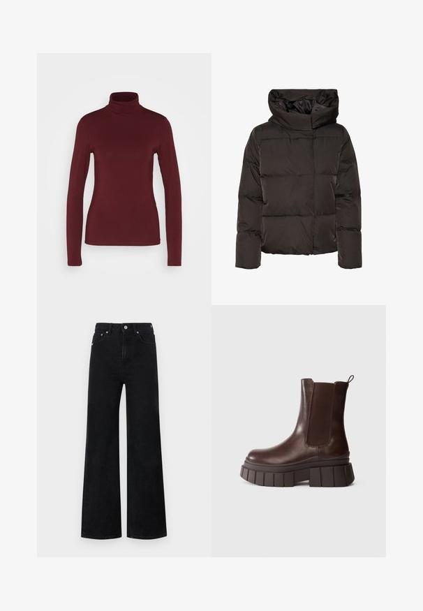 Zwarte donzen jas met een hoge kraag, doorgestikt ontwerp en een vierkante vorm. Gemaakt van glad, lichtgewicht materiaal voor warmte.; Pieces PCSIRENE ROLLNECK - Longsleeve - tawny port; Red Bull Racing x Pepe Jeans STRAIGHT FIT - Wide leg - blue denim; Donkerbruin leren enkelboot met een dikke, robuuste zool en een elastische zijpaneel, tegen een effen witte achtergrond.
