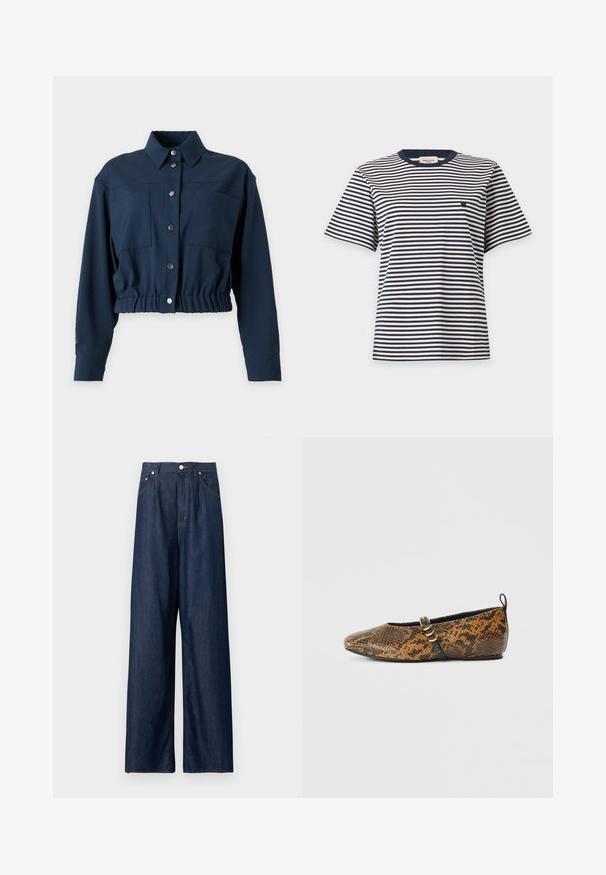 Veste courte bleu marine à manches longues avec boutons sur le devant, deux poches poitrine, un col et une taille élastiquée.; Chemise à manches courtes avec des rayures horizontales noires et blanches et un petit logo brodé sur la poitrine gauche, présentée sur un fond uni.; Jean en denim bleu foncé à jambes larges avec taille haute, fermeture frontale par bouton et fermeture éclair, et poches latérales sur un fond clair uni.; Ballerine en simili motif peau de serpent avec des nuances de brun et de noir. Dotée d'une bride noire et d’un détail en métal doré. Texture lisse.