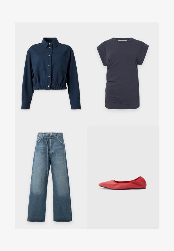 Veste courte bleu marine à manches longues avec boutons sur le devant, deux poches poitrine, un col et une taille élastiquée.; T-shirt bleu marine en coton, avec une coupe décontractée, des manches dolman courtes et un drapé subtil sur le côté pour ajouter de la texture.; Jeans évasés bleu en délavé, fabriqués en denim avec des accents de couture visibles et une fermeture à bouton à la taille.; Filippa K REY FLATS - Ballerines - bright red