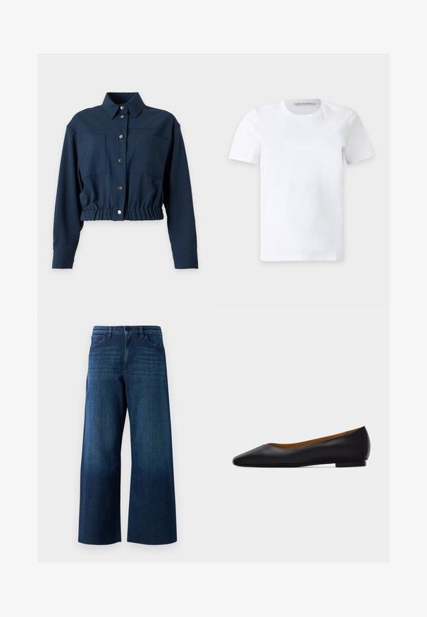 Marineblauw cropped jack met lange mouwen, knopen aan de voorkant, twee borstzakken, een kraag en een elastische tailleband.; Effen wit T-shirt met korte mouwen en een ronde hals, met een klein merkje aan de binnenkant van de kraag waarop "Tiger of Sweden." staat; Brede donkerblauwe spijkerbroek met een voorknop, riemlussen en een klassieke vijf-pocket stijl op een effen achtergrond.; Zwarte leren puntschoen met lage hak en gladde afwerking, zijaanzicht op een lichtgrijze achtergrond.