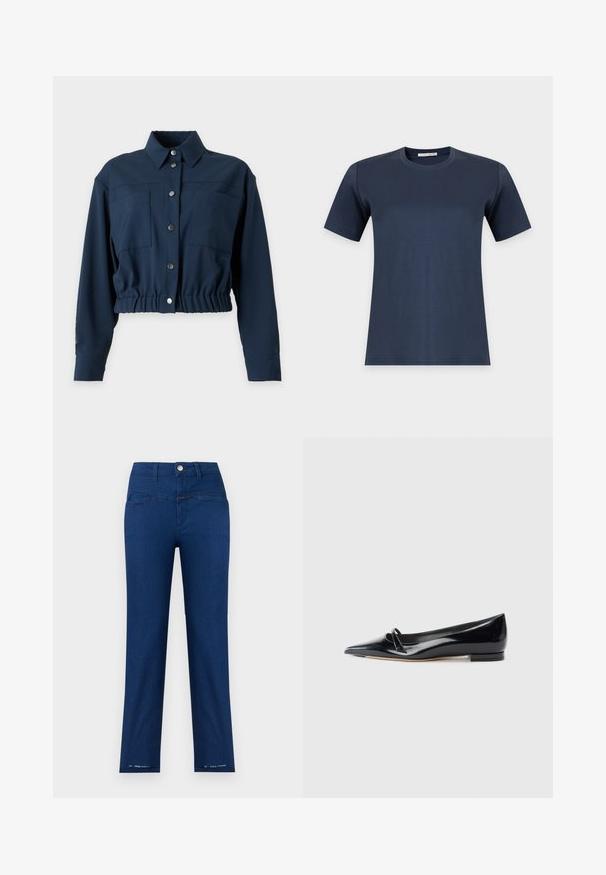 Veste courte bleu marine à manches longues avec boutons sur le devant, deux poches poitrine, un col et une taille élastiquée.; T-shirt bleu marine uni à manches courtes et col rond, présenté sur fond blanc.; Pantalon droit bleu marine taille haute avec bouton frontal, passants de ceinture, et petit texte "Pedal Pusher" près de l'ourlet sur les deux jambes.; Chaussure plate en cuir verni noir avec un bout pointu, une petite lanière décorative et un petit talon carré. Texture lisse et design épuré.