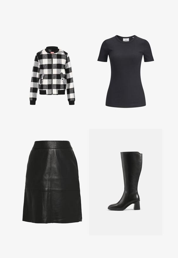 Sort-hvid ternet bomberjakke med lynlåsfortykkelse, ribbede manchetter, to sidelommer og tekstureret stof i et cropped design.; Sort ribbet kortærmet t-shirt med rund halsudskæring. Lavet af et blødt, strækbart stof med en subtil tekstur og en tætsiddende silhuet.; Sort nederdel i imiteret læder med A-form, høj talje og synlige sømdetaljer hen over fronten og nær nederste kant.; Sort knæhøj læderstøvle med blokhæl og rundet tå, vist fra siden på en ensfarvet baggrund.