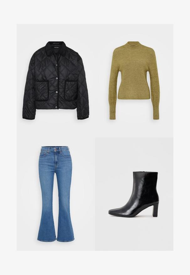 Veste matelassée noire avec boutons-pression, deux poches plaquées à l'avant et un col en velours côtelé, présentée sur fond blanc.; Pull vert côtelé avec un col montant, des manches longues et une taille cintrée. Fabriqué en tissu tricoté doux et texturé.; Jeans évasés bleu clair avec une taille haute, en denim. Comprend deux poches avant et une fermeture à bouton à la taille.; Bottine noire en cuir brillant, avec un bout pointu et un talon carré moyen, présentant une texture lisse et un design simple.
