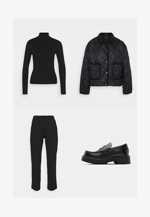 Veste matelassée noire avec boutons-pression, deux poches plaquées à l'avant et un col en velours côtelé, présentée sur fond blanc.; Pull à col roulé noir avec des manches longues, fabriqué à partir d'un tissu en maille lisse. Présente un design ajusté et un col côtelé.; Pantalons noirs ajustés à coupe droite, fabriqués à partir d'un tissu lisse. Comprend des passants de ceinture et une taille propre sans poches visibles.; Mocassins en cuir noir avec une semelle épaisse et texturée, dotés d'une sangle sur le vamp et d'une finition lisse et polie.