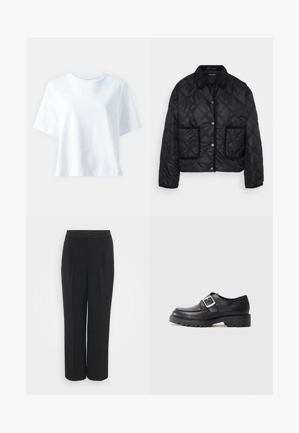 Veste matelassée noire avec boutons-pression, deux poches plaquées à l'avant et un col en velours côtelé, présentée sur fond blanc.; T-shirt en coton blanc avec un col rond, des manches courtes, une coupe décontractée et une texture lisse. Aucune motif ni accent visible.; Pantalons noirs taille haute avec une texture lisse, devant plissé et fermeture à un bouton. Design à jambes larges avec poches latérales.; Chaussures en cuir noir avec un bout arrondi, présentant un détail de boucle sur le côté et une semelle épaisse et robuste. Texture lisse avec peu de coutures.