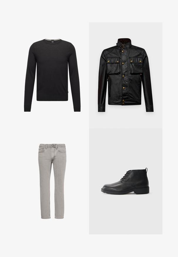 Chaqueta de cuero negra con un alto cuello, botones a presión dorados, dos bolsillos frontales y bolsillos laterales con cremallera; presenta una textura suave y un diseño ajustado.; Suéter negro de manga larga hecho de tejido de punto fino. Presenta un cuello redondo y puños y dobladillo acanalados. Diseño minimalista sin patrones.; Vaqueros rectos de color gris claro con botón frontal, cremallera, trabillas para cinturón y bolsillos delanteros y traseros sobre un fondo blanco.; Botas de cuero negro con acabado texturizado, puntera redonda, cordones en la parte frontal y suela de goma resistente. Presenta una pequeña lengüeta en la parte trasera.