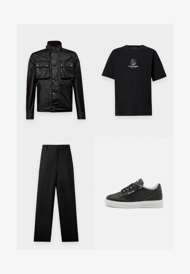 Schwarze Lederjacke mit hohem Kragen, goldenen Druckknöpfen, zwei Fronttaschen und Reißverschlusstaschen an den Seiten; hat eine glatte Textur und eine taillierte Passform.; Schwarzes T-Shirt mit kurzen Ärmeln aus Baumwolle, das einen weißen Grafikdruck mit dem Text "LES BENJAMINS" und Sternelementen zeigt.; Schwarze Baumwollhosen mit geradem Bein, ausgestattet mit einem vorderen Knopfverschluss und Seiten Taschen. Glatte Textur, keine Muster.; Roberto Cavalli Sneaker low - black