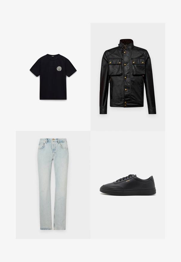 Schwarze Lederjacke mit hohem Kragen, goldenen Druckknöpfen, zwei Fronttaschen und Reißverschlusstaschen an den Seiten; hat eine glatte Textur und eine taillierte Passform.; Schwarzes Baumwoll-T-Shirt mit kurzen Ärmeln, Rundhalsausschnitt und einem weißen runden Logo auf der linken Brustseite. Glatte Textur, lässiges Design.; Hellblaue Denimjeans mit geradem Schnitt, Fünf-Taschen-Design und Reißverschluss. Der Stoff zeigt leichte Ausbleichungen für ein getragenes Aussehen.; Schwarze Leder-Sneaker mit glatter Textur, runder Zehenpartie, flacher Gummisohle und einfarbigen Schnürsenkeln. Mit goldfarbenem "BOSS" Logo an der Seite.