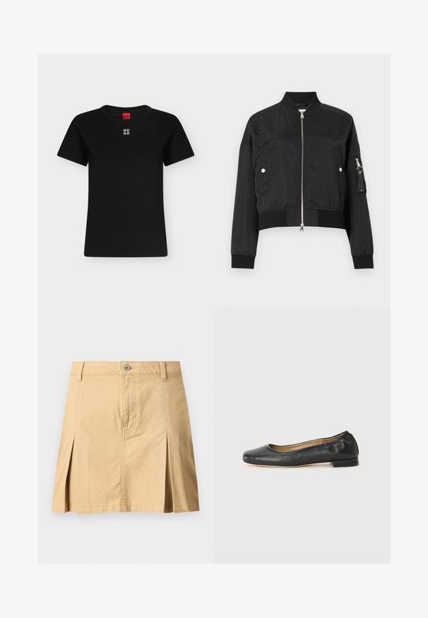 Veste bomber noire courte avec fermeture éclair frontale, col et poignets côtelés, deux poches à rabat avec bouton-pression, et une poche zippée sur la manche gauche.; T-shirt noir à manches courtes avec col rond et logo blanc "HUGO" centré près du col, étiquette rouge à l'intérieur de l'encolure.; Jupe beige longueur genou avec passants de ceinture, fermeture à boutons sur le devant, deux plis avant et coutures visibles sur fond uni.; Ballerines en cuir noir avec un bout arrondi et des coutures minimales. Talon bas et rectangulaire avec une texture lisse. Détails subtils de doublure intérieure.