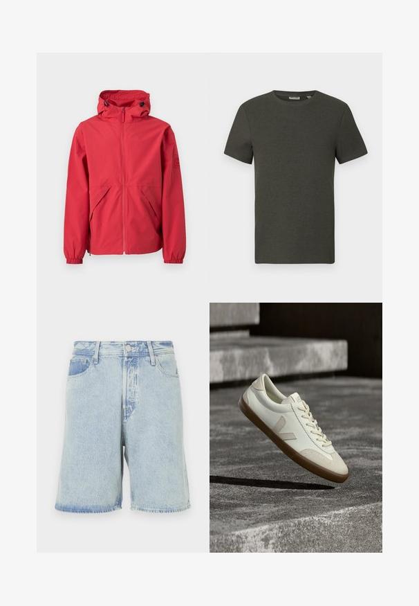Rød hættejakke med frontlynlås, skrå lommer, elastiske manchetter og justerbare snore på hætten, vist på hvid baggrund.; Mørkegrøn kortærmet t-shirt med rund halsudskæring, lavet af ribbet materiale; har et enkelt, minimalistisk design uden mønstre.; Lysblå denimshorts med en løs pasform, der har et fem-lomme design, en knaplukning foran og frynset kant.; Hvide læder sneakers med tanfarvet gummisål, flade snørebånd og V-formet detalje på siden. Har en glat overflade og minimale syninger.
