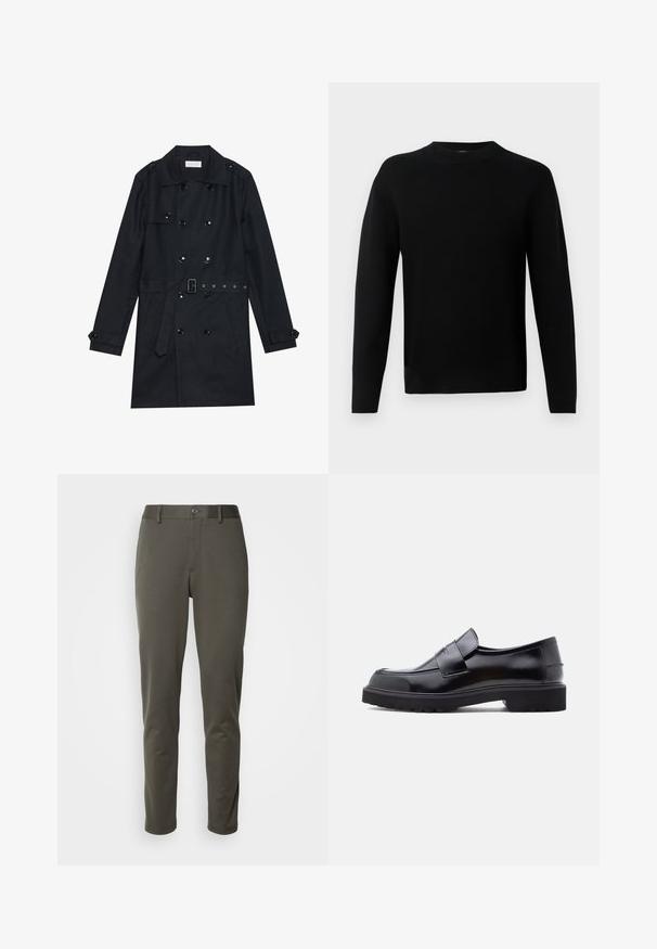 Schwarzer Trenchcoat mit doppelreihigem Design, glänzenden schwarzen Knöpfen, tailliertem Schnitt und zwei vorderen Taschen. Glattes, strukturiertes Gewebe.; Schwarzer Langarm-Pullover mit Rundhalsausschnitt und taillierter Silhouette, aus glattem Strickstoff, vor einem hellgrauen Hintergrund präsentiert.; Olivgrüne Hose aus dehnbarem Stoff, mit einem Knopfverschluss am Bund, slim fit und geraden Beinen ohne Muster oder auffällige Hardware.; Schwarzer Leder Slipper mit elegantem Design, abgerundeter Schuhspitze und dicker, strukturierten Gummisohle. Mit einem dekorativen Riemen quer über der Vorderseite.