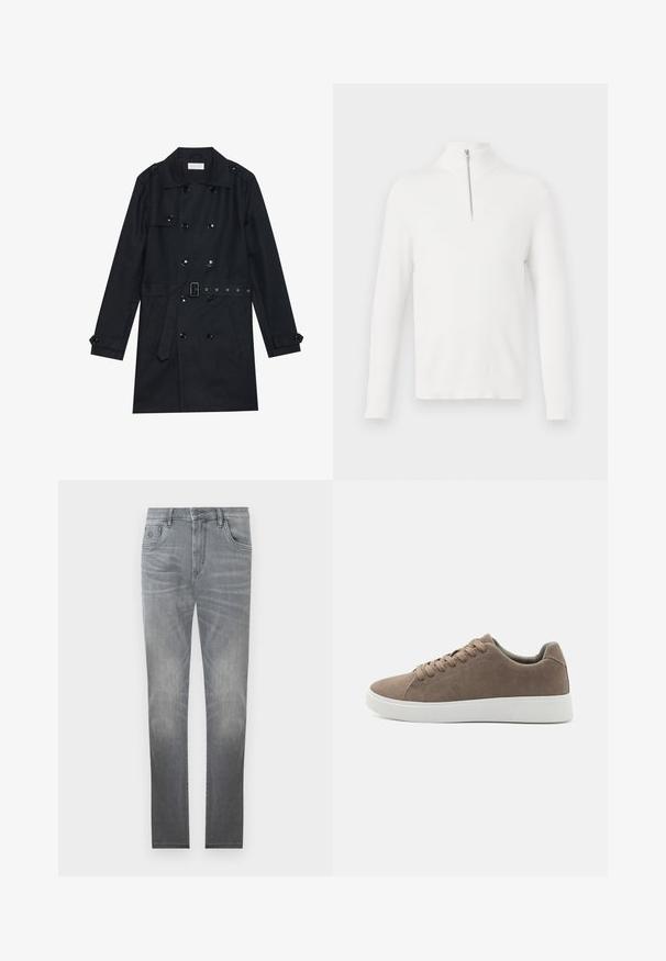Schwarzer Trenchcoat mit doppelreihigem Design, glänzenden schwarzen Knöpfen, tailliertem Schnitt und zwei vorderen Taschen. Glattes, strukturiertes Gewebe.; Weißer, gerippter Strickpullover mit langen Ärmeln und hohem Kragen. Verfügt über ein silbernes, mit Reißverschluss versehenes Vorderdesign. Weiche Textur und enganliegende Form.; Graue Jeans aus Denim mit einem ausgebleichten Design, fünf Taschen, Knopfverschluss und geradem Schnitt. Sanfte Textur mit leichtem Verschleiß an den Kanten.; Braune Wildledersneaker mit flachen weißen Gummisohlen, Schnürdesign, abgerundete Zehen und einer glatten Textur. Minimalistischer Stil mit dezenten Nähdetails.