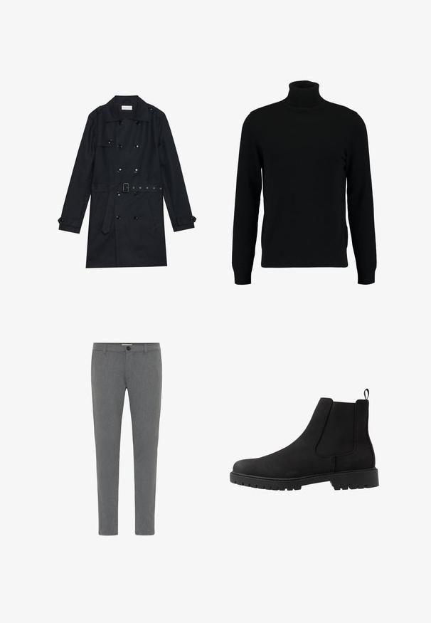 Sort trenchcoat med dobbeltknapning, skinnende sorte knapper, bælte i taljen og to frontlommer. Glat, struktureret stof.; Sort turtleneck sweater lavet af et blødt strikmateriale. Har lange ærmer, ribbet krave og kant. Enkel, slank design uden mønstre.; Grå skræddersyede bukser lavet af struktureret stof, med en standard talje med bæltestropper, lynlåsfront og enkelt knappelukning.; Pier One UNISEX - Støvletter - black