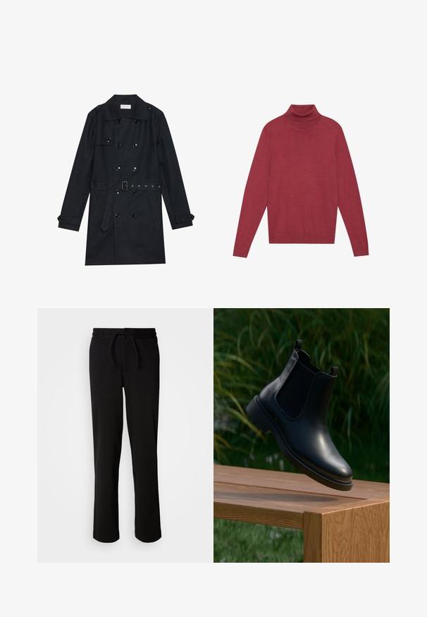 Sort trenchcoat med dobbeltknapning, skinnende sorte knapper, bælte i taljen og to frontlommer. Glat, struktureret stof.; Rød polo sweater lavet af blødt strikstof. Har lange ærmer og en tætsiddende design. Glat tekstur uden synlige mønstre eller hardware.; Sorte sweatpants med snor i taljen, lavet af blødt og strækbart stof. Har en afslappet pasform med lige ben og uden synlige lommer.; Sort læder ankelstøvle med elastiske sidepaneler, der svæver over en træbænk, med grønne planter i baggrunden.