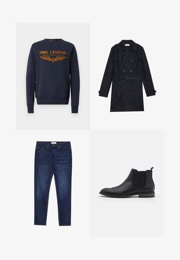 Schwarzer Trenchcoat mit doppelreihigem Design, glänzenden schwarzen Knöpfen, tailliertem Schnitt und zwei vorderen Taschen. Glattes, strukturiertes Gewebe.; Marineblaue Sweatshirt aus Baumwolle, mit goldenem bedrucktem Logo mit Flügeln. Rundhalsausschnitt, lange Ärmel, gerippte Bündchen und Saum.; Dunkelblaue Slim-Fit-Jeans mit fünf Taschen, Knopfverschluss und Kontrastnähten, mit dem Etikett Pier One am Bundes.; Schwarze Leder-Chelsea-Stiefel mit elastischen Seitenpaneelen, runder Zehenform und Zugschlaufe, ausgestattet mit einem niedrigen Blockabsatz und glatter Textur.