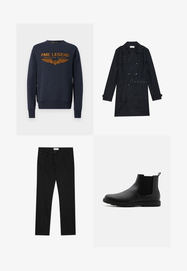Schwarzer Trenchcoat mit doppelreihigem Design, glänzenden schwarzen Knöpfen, tailliertem Schnitt und zwei vorderen Taschen. Glattes, strukturiertes Gewebe.; Marineblaue Sweatshirt aus Baumwolle, mit goldenem bedrucktem Logo mit Flügeln. Rundhalsausschnitt, lange Ärmel, gerippte Bündchen und Saum.; Schwarze gerade Jeans mit Fünf-Taschen-Design, Knopf- und Reißverschluss, und einem Pier One-Label am Bund.; Schwarze Leder-Chelsea-Stiefel mit elastischen Seitenpaneelen, einem Zugband und einer robusten Gummisohle. Glatte Textur und elegantes Design.