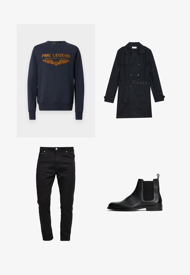Zwarte trenchcoat met een dubbelbreasted ontwerp, glanzende zwarte knopen, een ceintuur in de taille en twee voorzakken. Glad, textuurstof.; Marineblauwe sweatshirt van katoen, voorzien van een gouden bedrukte logo met vleugels. Ronde hals, lange mouwen, ribgebreide manchetten en onderrand.; Zwarte spijkerbroeken van denim stof, slim fit ontwerp, vijf-pocket stijl, met metalen knoopsluiting, gestikte details en een zachte textuur.; Zwarte leren Chelsea-boten met elastische zijpanelen, ronde neus, platte zool en een handig trekbandje aan de achterkant voor eenvoudig aan- en uittrekken. Gladde textuur.
