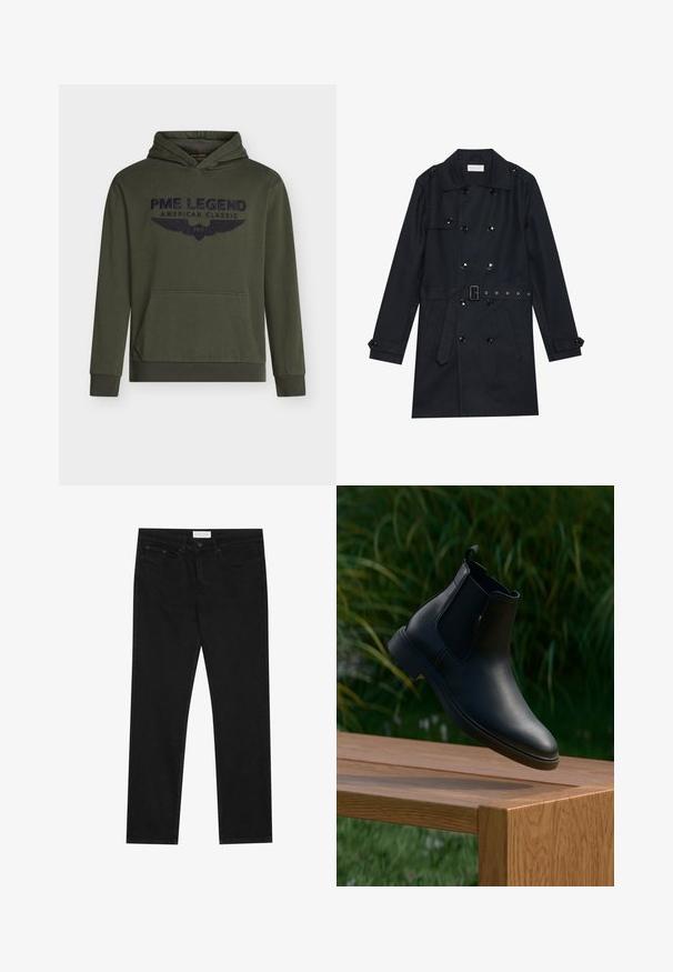 Sort trenchcoat med dobbeltknapning, skinnende sorte knapper, bælte i taljen og to frontlommer. Glat, struktureret stof.; Olivengrøn hættetrøje af bomuld med en forlommekanguru og navyblåt broderet logo med vinger. Ribstrikkede manchetter og kant.; Sorte lige ben jeans med fem-lomme design, knap- og lynlåslukning samt et Pier One mærkeetiket på taljen.; Sort læder ankelstøvle svævende over en træbænk med grøn græs og planter i den slørede baggrund.