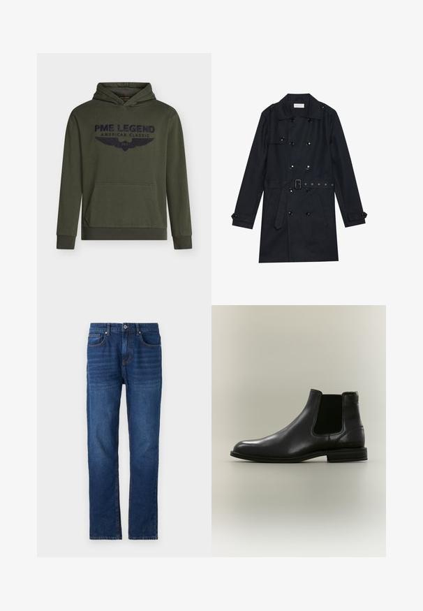 Abrigo negro de trench con diseño de doble botonadura, botones negros brillantes, cintura con cinturón y dos bolsillos frontales. Tela suave y texturizada.; Sudadera con capucha de color verde oliva, confeccionada en algodón, con bolsillo canguro delantero y logo bordado en azul marino con alas. Puños y dobladillo acanalados.; Pier One by Zalando Vaqueros holgados - dark blue denim; Botín Chelsea de cuero negro con panel lateral elástico y tacón bajo, mostrado desde el lado exterior sobre un fondo neutro.