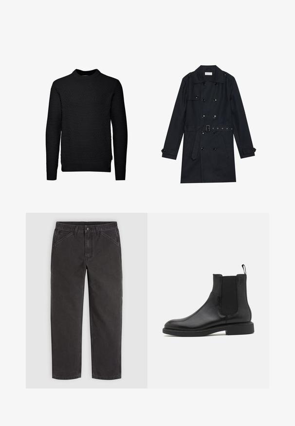 Manteau noir en trench coat avec un design double boutonnage, boutons noirs brillants, taille ceinturée et deux poches avant. Tissu lisse et texturé.; Pull noir avec un motif texturé et matelassé. Manches longues, col rond, et finitions côtelées aux poignets et à l'ourlet. Design simple et sans embellissement.; Pantalon noir droit avec poches avant, passants pour ceinture, fermeture par bouton et coutures visibles sur un fond uni.; Botte de cheville en cuir noir avec une texture lisse, des panneaux latéraux élastiques et une languette. Bout rond et semelle en caoutchouc plate avec un minimal de relief.