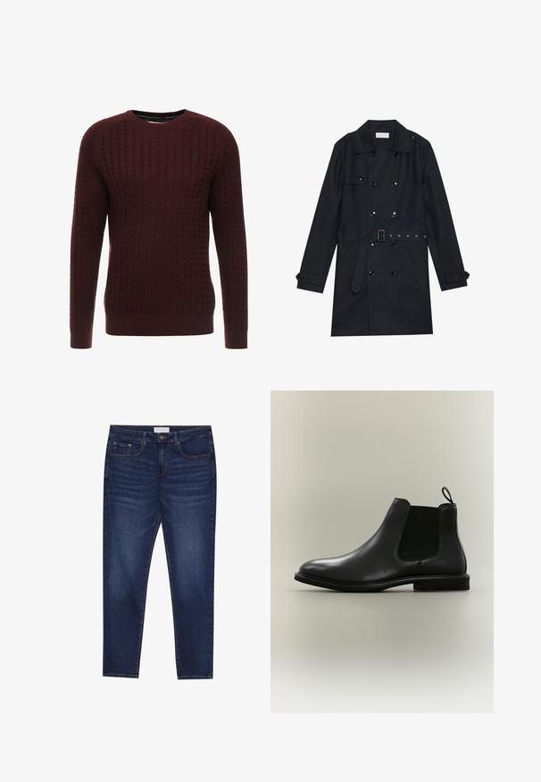 Abrigo negro de trench con diseño de doble botonadura, botones negros brillantes, cintura con cinturón y dos bolsillos frontales. Tela suave y texturizada.; Suéter de punto burdeos con un patrón texturizado, cuello redondo y mangas largas. Presenta puños y dobladillo acanalados. Detalle de logo sutil.; Jeans ajustados de color azul oscuro con cinco bolsillos, cierre de botones y costuras de contraste, etiquetados como Pier One en la cinturilla.; Bota Chelsea de cuero negro con panel lateral elástico, lengüeta trasera, suela plana y puntera redondeada, mostrada sobre un fondo gris claro.