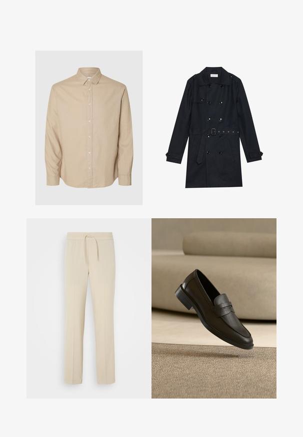 Schwarzer Trenchcoat mit doppelreihigem Design, glänzenden schwarzen Knöpfen, tailliertem Schnitt und zwei vorderen Taschen. Glattes, strukturiertes Gewebe.; Selected Flannel - Hemd - pure cashmeredetail:mixed w. oatmeal; Beige, elastische Hosen mit einem Kordelzug. Sie haben gerade Beine und eine glatte Textur, geeignet für Freizeit oder Entspannung.; Schwarzer Lederloafer, der auf einem beigen Teppich liegt, mit einem gebogenen beigen Sofa im Hintergrund.