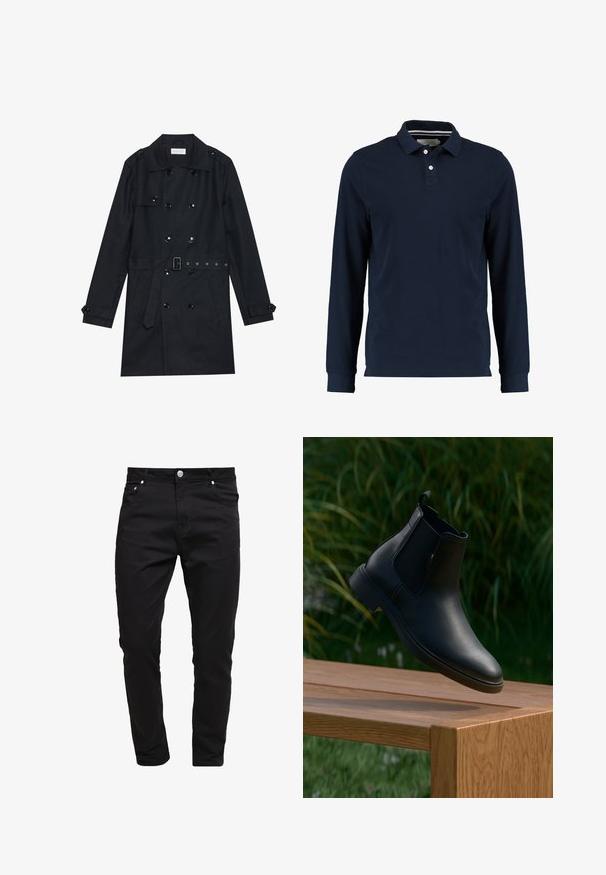 Abrigo negro de trench con diseño de doble botonadura, botones negros brillantes, cintura con cinturón y dos bolsillos frontales. Tela suave y texturizada.; Polo de manga larga en color navy, hecho de algodón, con un cuello clásico, tapeta de dos botones y una textura suave.; Jeans negros de tela de mezclilla, diseño ajustado, estilo de cinco bolsillos, cierre de botón metálico, con detalles de costura y una textura suave.; Bota de cuero negro a la altura del tobillo flotando sobre un banco de madera con hierba verde y plantas en el fondo desenfocado.