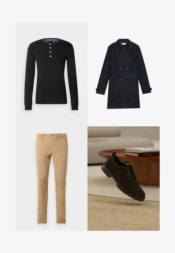 Sort trenchcoat med dobbeltknapning, skinnende sorte knapper, bælte i taljen og to frontlommer. Glat, struktureret stof.; Sort langærmet skjorte lavet af blødt stof, med rund halsudskæring, knaplukning med hvide knapper og tætsiddende manchetter.; Slim-fit beige chinos med knaplukning, forlommer og en glat tekstur. Enkelt design, tætsiddende ben og ren søm.; sort læder snørestøvle med chunky sål svæver over en beige tæppe i en minimalistisk stueindretning