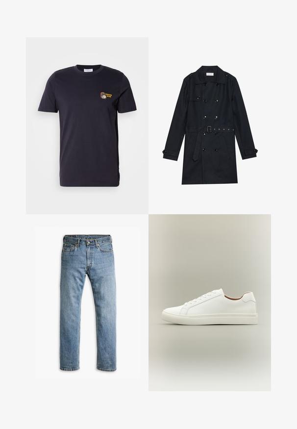 Sort trenchcoat med dobbeltknapning, skinnende sorte knapper, bælte i taljen og to frontlommer. Glat, struktureret stof.; Mørkeblå bomuld t-shirt med korte ærmer og rund hals. Indeholder et lille broderet design med tekst på venstre brystområde.; Blå straight-leg denim jeans med fem lommer, bæltestropper og metalknaplukning på en hvid baggrund.; Hvid lavt snøresko med snørelukning og flad sål, vist fra siden på en neutral baggrund.