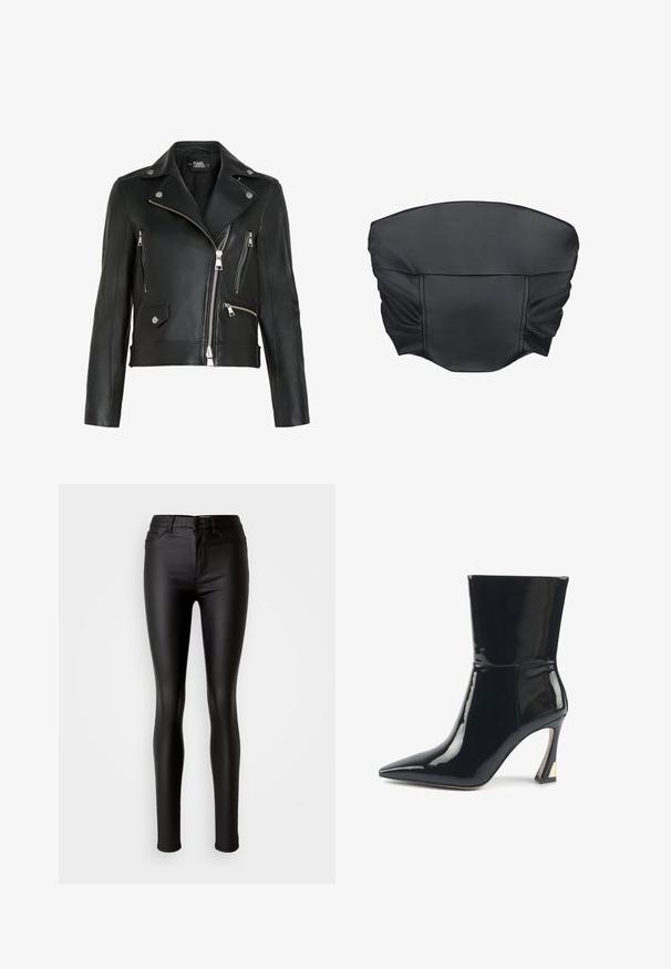 Chaqueta de moto de cuero negra con cremalleras y tachuelas plateadas. Cuenta con un cuello con muesca y múltiples bolsillos con cremallera en la parte frontal.; Top corto de piel sintética negra con textura arrugada y forma estructurada, que presenta una superficie suave y detalles de costura mínimos.; Jeans skinny de imitación cuero negro con una textura suave, cintura alta, cierre de botón y diseño tradicional de cinco bolsillos.; Botín negro de charol con punta afilada, caña elegante y acentos de tacón alto geométrico. Textura suave y acabado brillante.
