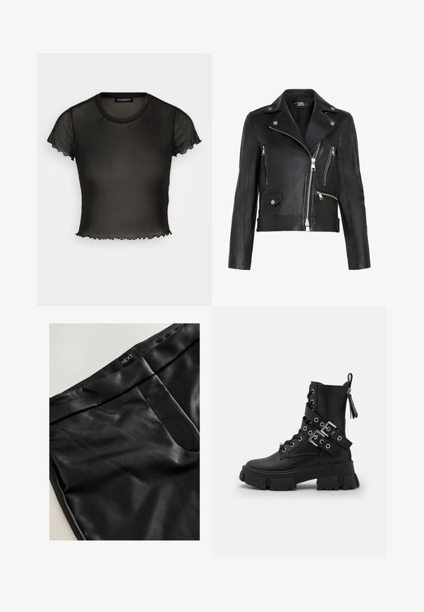 Chaqueta de moto de cuero negra con cremalleras y tachuelas plateadas. Cuenta con un cuello con muesca y múltiples bolsillos con cremallera en la parte frontal.; Top negro semitransparente de manga corta con cuello redondo y bordes festoneados. Fabricado con un tejido ligero, el diseño es ajustado y ligeramente corto.; Pantalones de cuero sintético negros con una textura suave, que cuentan con una cinturilla plana y un detalle de costura sutil en la parte delantera. Etiqueta de la marca visible.; Botines de cuero negro con suelas gruesas, con cordones en la parte delantera, acentos de hardware plateado y cremallera lateral para facilitar su uso.