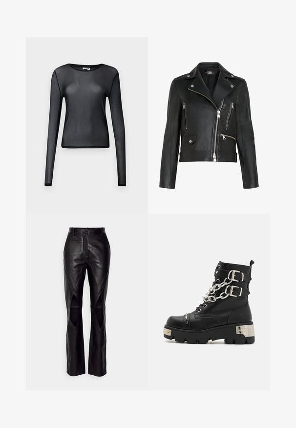 Veste de moto en cuir noir avec des fermetures éclair et des clous argentés. Présente un col cranté et de multiples poches zippées à l'avant.; Haut noir à manches longues en maille transparente avec col rond et silhouette ajustée, présenté sur un fond uni.; Pantalons en cuir noir avec une coupe ajustée, dotés de coutures diagonales et d'ouvertures sur les côtés. Jambes droites avec une fermeture à bouton à la taille.; Koi Footwear SHACKLED SHADOWS HEAVY DUTY CHAIN - Bottines de cowboy / motard - black