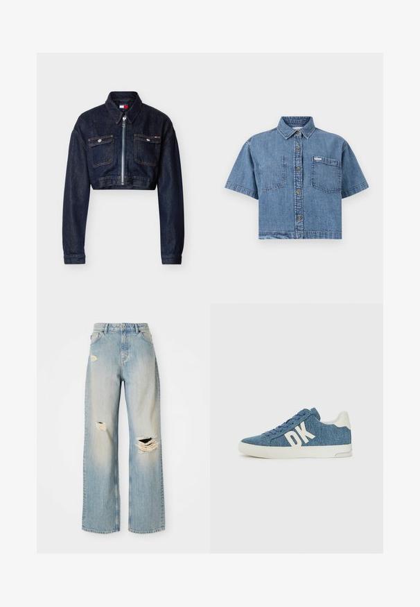 Dunkelblaue, kurze Jeansjacke mit vorne liegendem Reißverschluss, zwei aufgesetzten Brusttaschen mit Klappen und Knöpfen sowie einem spitzen Kragen.; Helles, kurzes Denim-Hemd in Blau mit kurzen Ärmeln, durchgehender Knopfleiste, zwei Brusttaschen und einem kleinen Markenetikett auf der linken Tasche.; Hellblaue, gerade geschnittene Jeans mit hoher Taille, Gürtelschlaufen und ausgefransten Rissen am linken Oberschenkel, rechten Knie und unteren linken Bein.; Denim-Sneaker aus blauem strukturiertem Stoff, mit weißer Gummisohle und großem weißen "DK"-Logo an der Seite.
