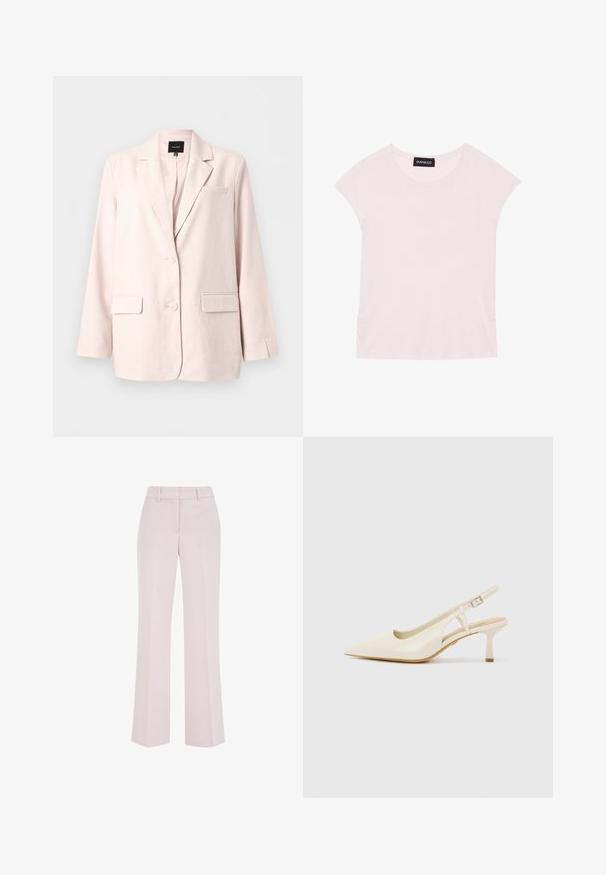 Blazer rose clair pour femme avec revers crantés, deux poches avant à rabat, poche poitrine et fermeture à deux boutons.; T-shirt rose clair à manches courtes, décolleté rond et détails froncés sur les côtés. Fabriqué en tissu doux et léger.; Pantalon rose pâle à jambes droites avec passants de ceinture et détails de couture avant, présenté sur un fond blanc.; Talons slingback beiges en cuir lisse. Présentent un bout pointu, un design découpé et un petit talon cylindrique pour plus de stabilité.