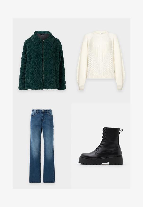 Grüne, flauschige Fleecejacke mit Kragen und Frontreißverschluss. Verfügt über eine strukturierte Oberfläche und eine lockere Passform.; Cremefarbener Strickpullover mit Zopf- und Wabenmustern, langen Ärmeln, gerippten Bündchen und Rundhalsausschnitt auf neutralem Hintergrund.; Blaue Jeans aus Denim mit geradem Bein, fünf Taschen, leichter Ausbleichung, Knopfverschluss und kontrastierenden Nähdetails.; Schwarze Lederstiefeletten mit runder Zehenpartie, Schnürung vorne und einer dicken Gummisohle mit strukturiertem Profil. Mit Zugschlaufe an der Rückseite.