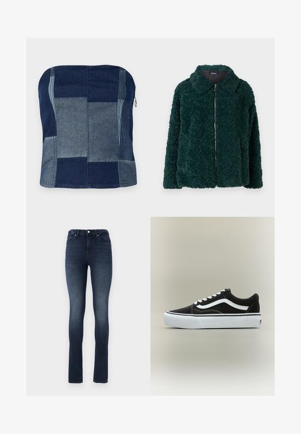 Veste en polaire verte et moelleuse avec col et fermeture éclair à l'avant. Présente une surface texturée et une coupe ample.; Top en denim sans bretelles marine, avec un design en patchwork de teintes variées, une texture lisse et un détail de fermeture éclair sur le côté.; Jean en denim délavé foncé avec une coupe ajustée, taille haute, design à cinq poches et fermeture à bouton en métal. Texture lisse avec un léger dégradé.; Baskets basses noires avec bande blanche latérale, lacets blancs, semelle en caoutchouc blanche et bout texturé sur fond neutre.