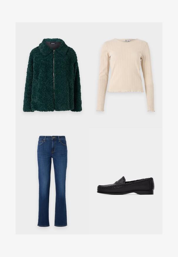 Veste en polaire verte et moelleuse avec col et fermeture éclair à l'avant. Présente une surface texturée et une coupe ample.; Top beige à manches longues en rib avec un col rond et un ourlet en dentelle. Le tissu présente un motif texturé subtil sur l'ensemble.; Jean droit bleu marine avec poches avant, passants de ceinture, fermeture à bouton et coutures visibles sur fond blanc.; Mocassin en cuir noir avec couture tissée le long des bords et petit talon, présenté de profil sur un fond clair uni.
