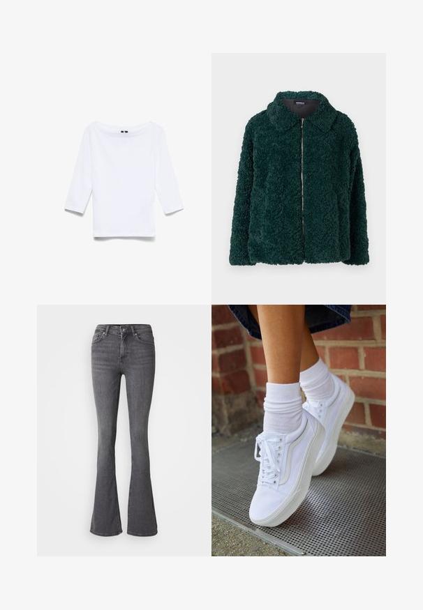 Groene, pluizige fleecejas met een kraag en een voorrits. Kenmerkt zich door een gestructureerd oppervlak en een losse pasvorm.; Witte driekwartmouwen shirt gemaakt van een katoenen mix; beschikt over een brede bootnek en een gladde, lichte textuur.; Grijze flare jeans met een hoge taille, knoopsluiting, vijf zakken en subtiele stiksels. Gemaakt van denim met een gladde textuur.; Witte canvas sneakers met rubberen zolen, voorzien van zes vetertjes, een ronde neus en lichte stikdetails, gecombineerd met witte enkelsokken.