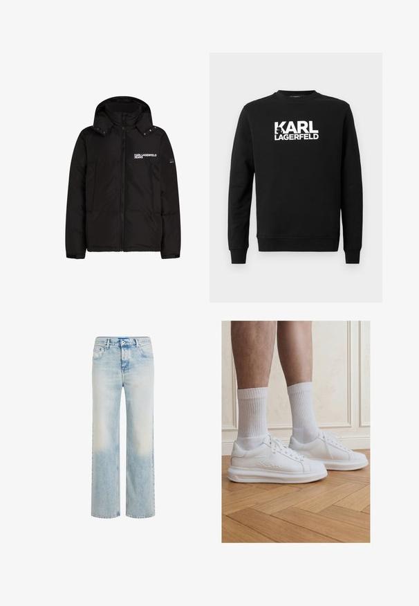 Sort pufferjakke med hætte, der har en frontlynlås, to sidelommer og logo tekst på venstre brystområde.; Sort sweatshirt lavet af blødt stof med teksten "KARL LAGERFELD" i store hvide bogstaver på forsiden, med rund hals og lange ærmer.; Lyseblå jeans med lige ben, falmet vask, lukkes med knap og lynlås foran samt design med fem lommer.; Ben iført hvide ribstrikkede crew-sokker og hvide Karl Lagerfeld sneakers stående på lyst trægulv.
