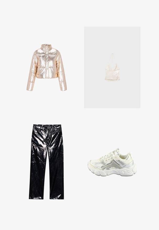 Glänzende, metallische, roségoldene Steppjacke mit hohem Kragen, langen Ärmeln und einem durchgängigen Reißverschluss.; Weißes, paillettenbesetztes Neckholder-Top mit tiefem V-Ausschnitt und Rückenschnürung, präsentiert vor einem schlichten hellgrauen Hintergrund.; Schwarze, hochglänzende, Kunstlederhosen mit weitem Bein, klassischem Fünf-Taschen-Design, Knopf- und Reißverschluss sowie glänzender Textur.; Weißer Sportschuh mit silbernen Akzenten, Obermaterial aus Mesh, gepolsterter Sohle und strukturierten Mustern. Verfügt über Schnürsenkel und ein Markenlogo in der Nähe der Ferse.