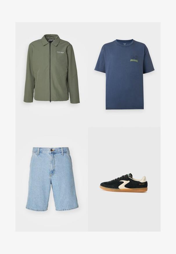Olivengrøn zip-up jakke med krave, fremstillet i et let stof og med et lille trykt logo på venstre bryst.; Mørkeblå T-shirt med korte ærmer og rund halsudskæring med lille gul-sort "Hollister California" logo på øverste venstre bryst.; Lysblå denim shorts med en afslappet pasform, der har lynlås og knaplukning samt fire lommer. Stoffet har en glat tekstur.; Sorte ruskinds sneakers med en cremeaccent og gummisål. Har flade snørebånd, en rund tå og "SKECHERS" trykt i guld på hælen.