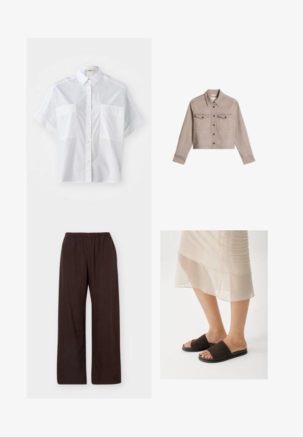 Veste beige courte avec manches longues, boutonnage avant, col pointu et deux poches poitrine à boutons.; Chemise blanche à manches courtes en tissu léger, dotée d'un col classique et de deux poches poitrine. Texture lisse avec une coupe ajustée.; Pantalon marron foncé, coupe ample, taille élastique, jambes droites, sans poches ni motifs visibles.; Sandales à glissière en suède marron avec une large bride, semelle en caoutchouc noire et bout ouvert, sur un fond de couleur claire.
