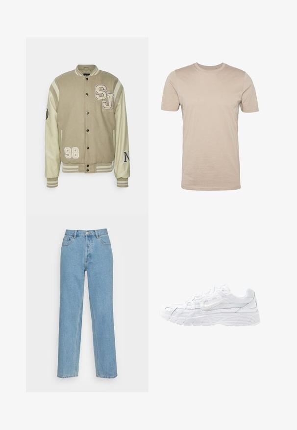 Sean John SCRIPT LOGO COLLEGEJACKET - Bomberjacke - beige; Beige Baumwoll-T-Shirt, kurze Ärmel, runder Halsausschnitt, glatte Textur, nahtloses Design, leichtes Material, keine sichtbaren Logos oder Muster.; Helle blaue gerade geschnittene Jeans aus Denim mit einem klassischen Fünf-Taschen-Design, einem vorderen Knopfverschluss und sichtbaren Nähdetails.; Nike Sportswear P 6000 - Sneaker low - white/platinum tint