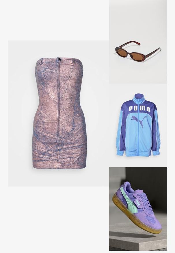 Blauwe en paarse PUMA trainingsjack met hoge kraag, volledige rits en elastische boorden. Voorzien van een groot logo op de voorkant en een zijafbeelding van een springende poema.; Sinead Gorey DISTRESSED PATCHWORK POCKET MINIDRESS WITH ZIP UP FRONT - Spijkerjurk - pink; Paarse suède en mesh sneaker met mintaccenten, vetersluiting en een gestructureerde gumzool. Bevat PUMA-branding aan de zijkant.; Ronde, bruin getinte zonnebril met een glanzend bordeauxrood frame. Slanke pootjes met subtiele merkdetails. Vlakke lensontwerp.